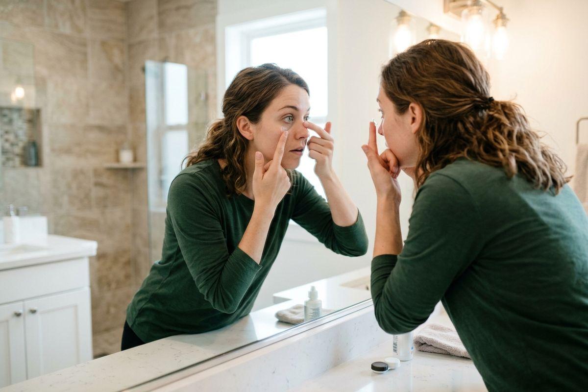 Adult inserting a contact lens while looking in a bathroom mirror, with a contact lens case and solution bottle on the counter.