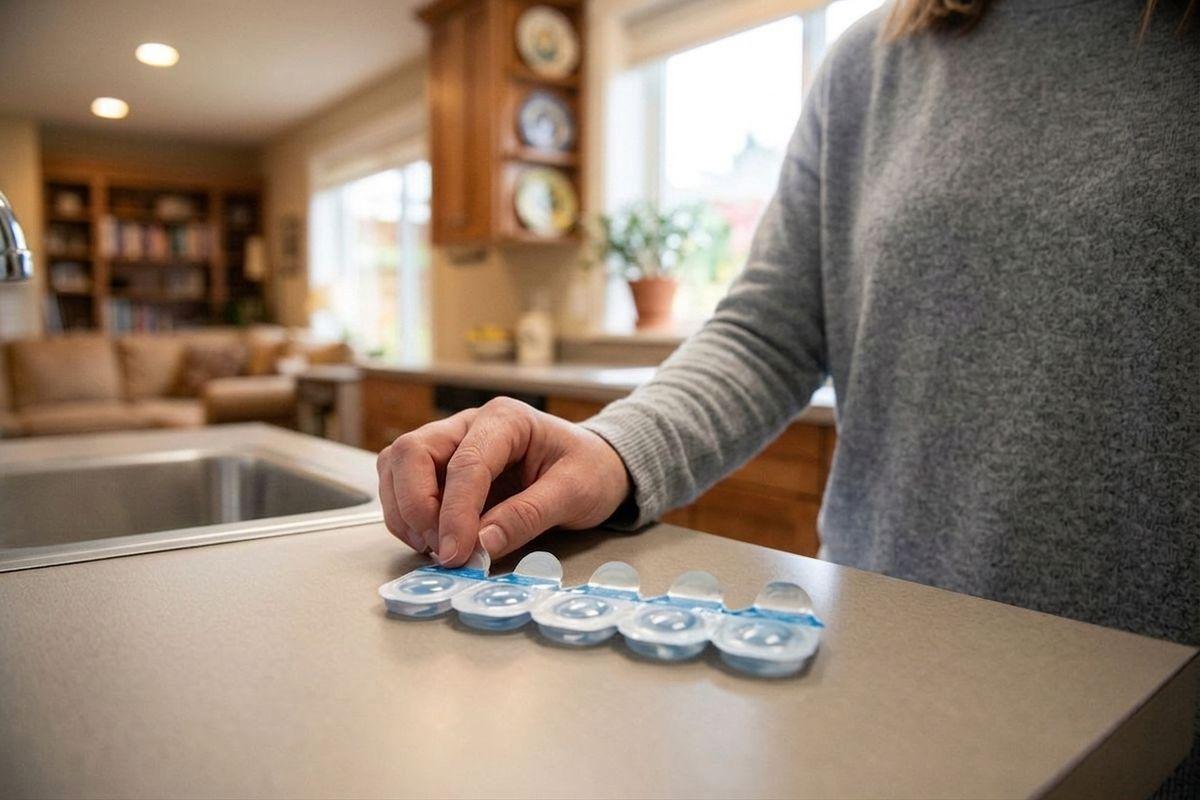 Adult opening a blister pack from a row of small blue-labeled medication packets on a kitchen counter near a sink.