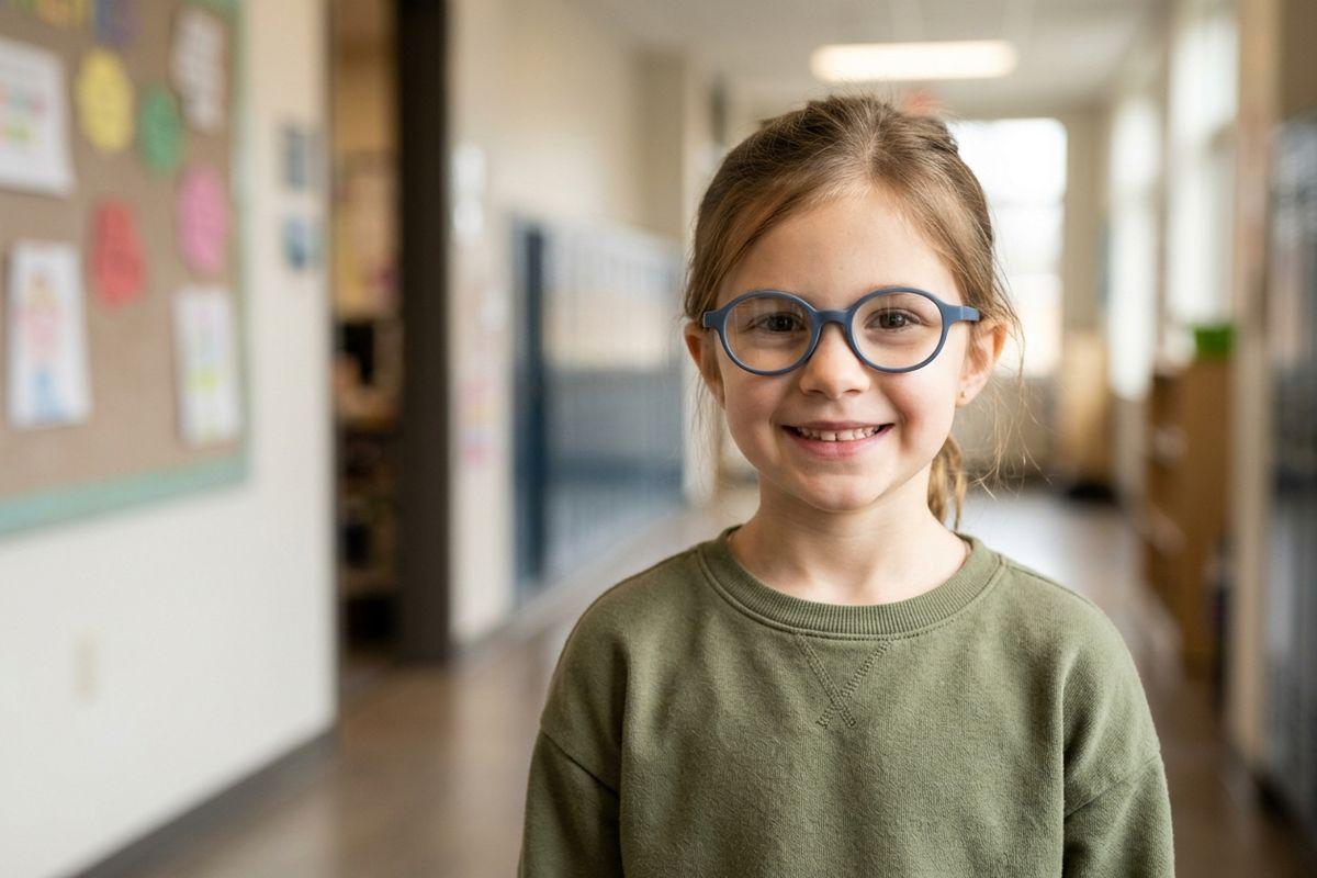 Child in blue round glasses and green sweatshirt smiling in a school hallway with lockers and a bulletin board.