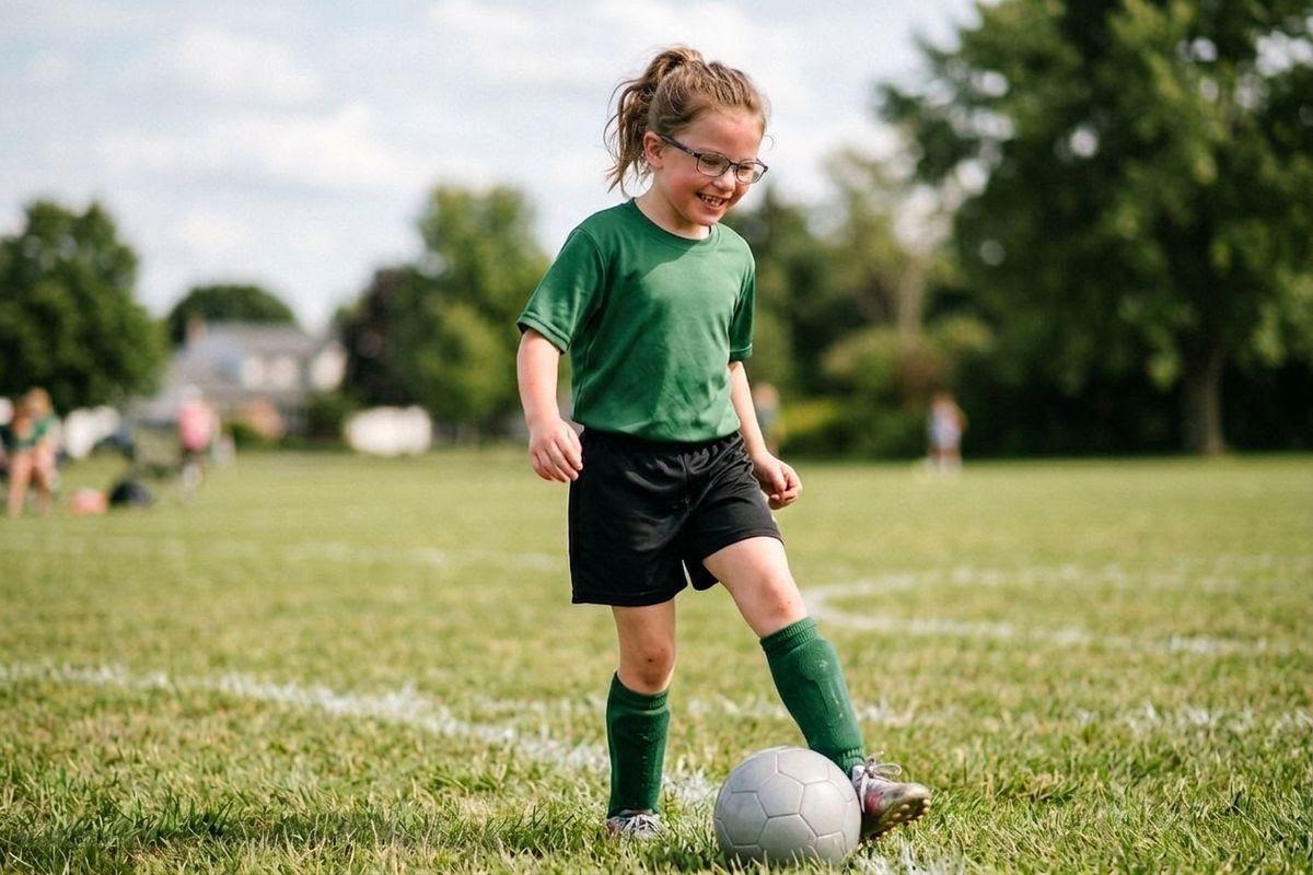 Child wearing glasses and a green uniform smiling while dribbling a soccer ball on a grass field during a match.