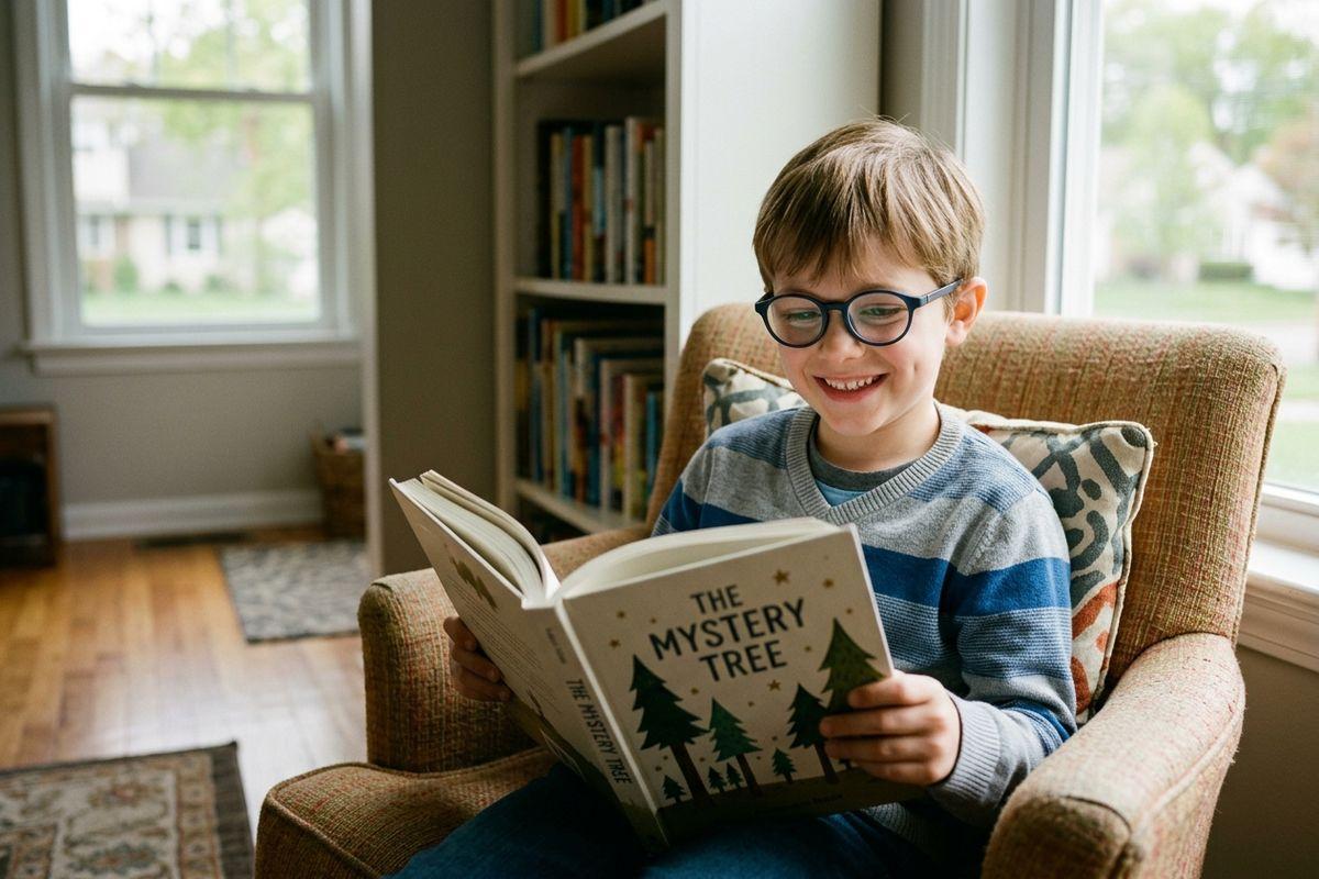 Child wearing glasses sitting in an armchair, smiling while reading a book titled "The Mystery Tree," with a bookshelf visible behind them.