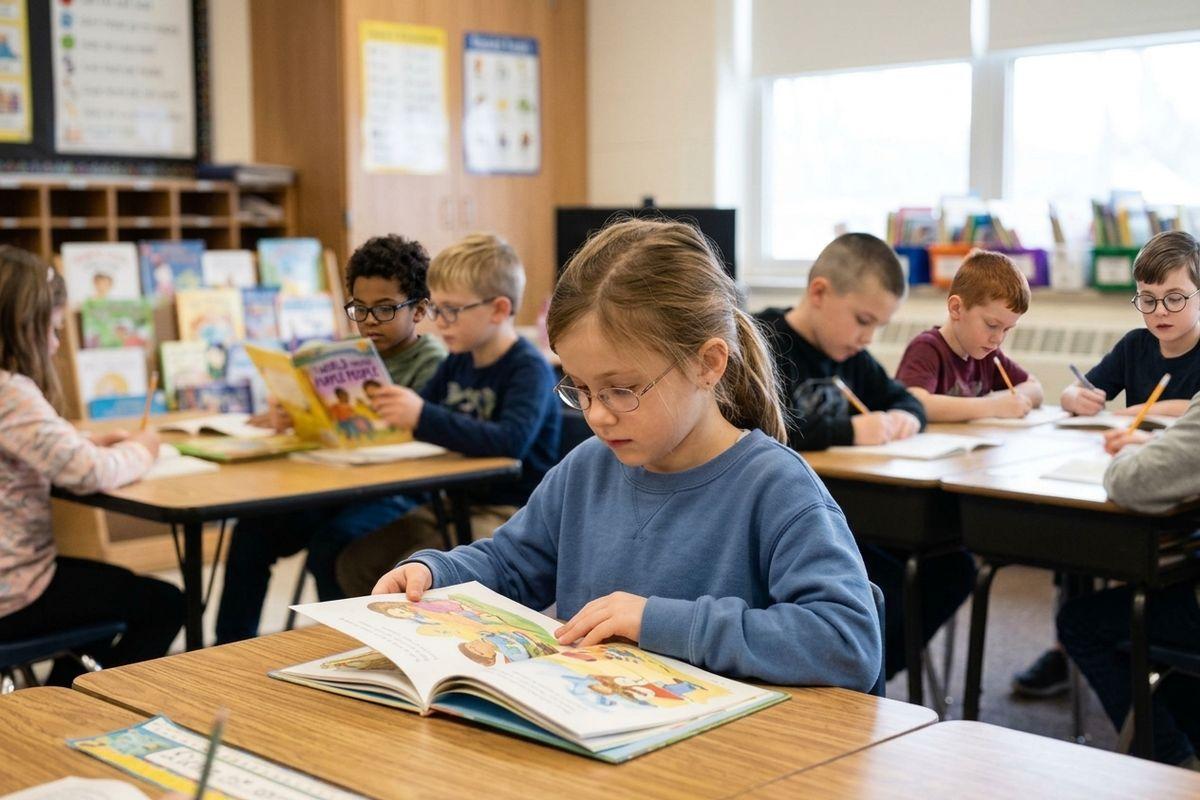 Children reading books and writing at desks in an elementary school classroom. A focused child with glasses reads an illustrated book in the foreground.