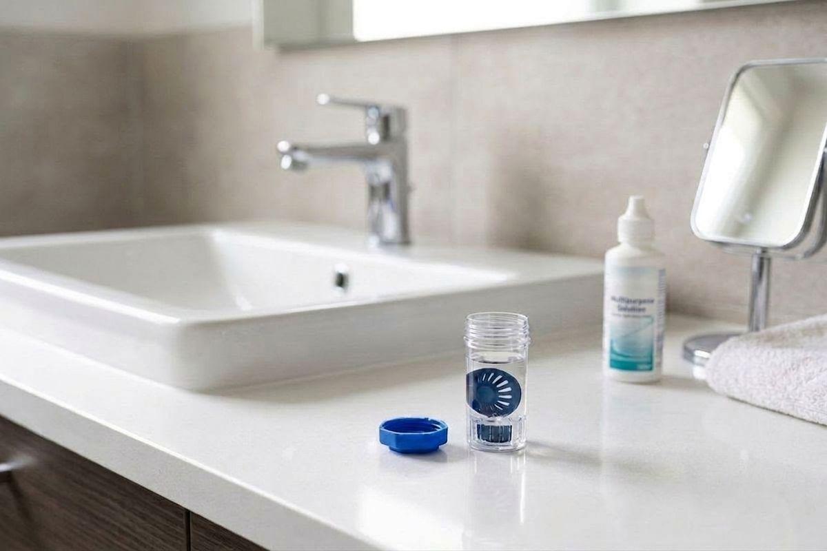 Open contact lens case filled with solution on a bathroom counter beside a sink, with a solution bottle and small mirror.