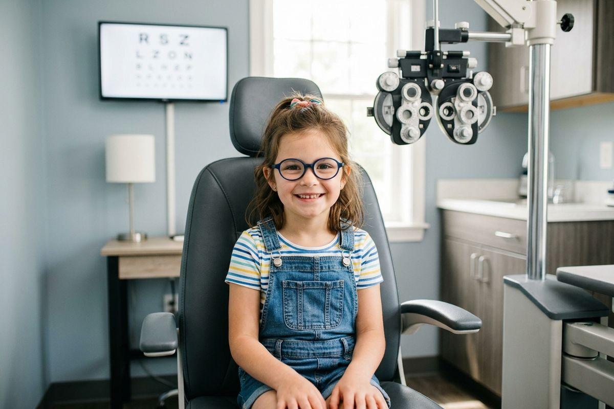 Smiling child wearing glasses sits in an exam chair in an eye exam room, with a phoropter and eye chart visible.