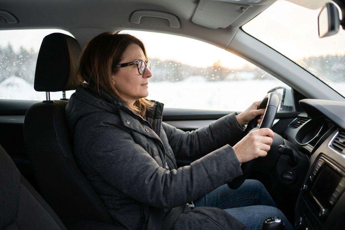 Adult with glasses and gray winter jacket driving a car, both hands on the wheel, snowy landscape visible through the windows.