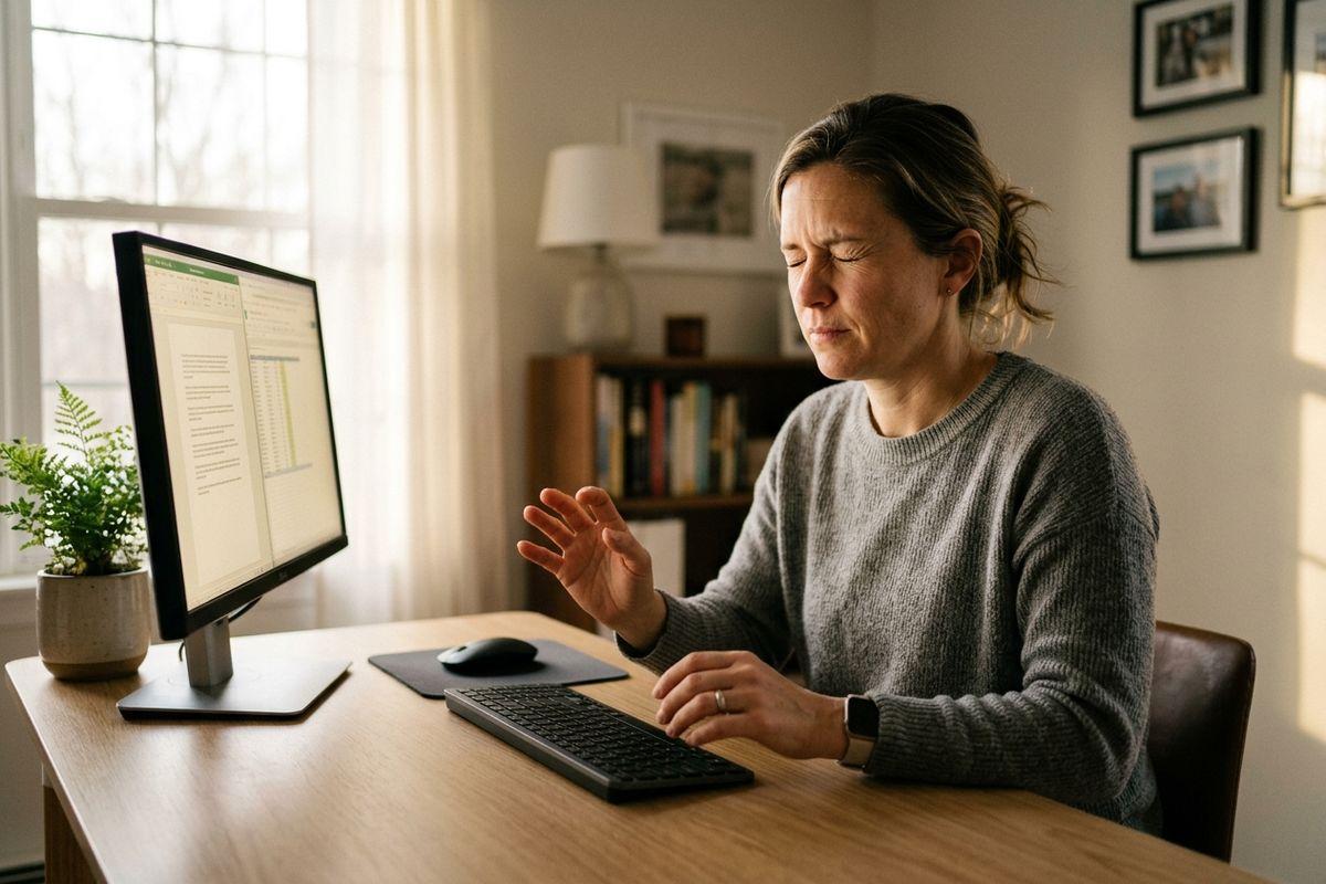 Person in a gray sweater at a home desk, wincing with eyes closed and one hand raised off the keyboard beside a monitor.